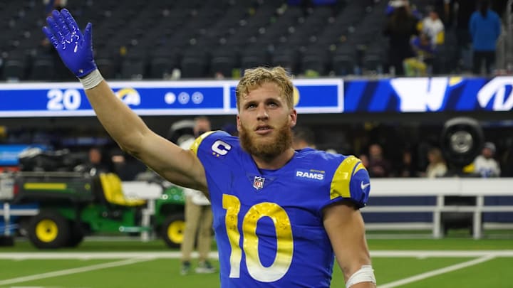 Dec 21, 2021; Inglewood, California, USA; Los Angeles Rams wide receiver Cooper Kupp (10) celebrates after the game against the Seattle Seahawks at SoFi Stadium. The Rams defeated the Seahawks 20-10.