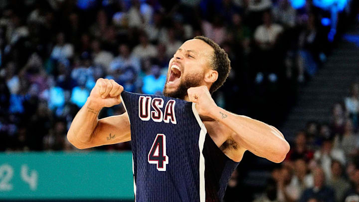 United States shooting guard Stephen Curry (4) celebrates in the second half against France in the men's basketball gold medal game during the Paris 2024 Olympic Summer Games at Accor Arena on Aug. 10, 2024. United States shooting guard Stephen Curry (4) celebrates in the second half against France in the men's basketball gold medal game during the Paris 2024 Olympic Summer Games at Accor Arena on Aug. 10, 2024.