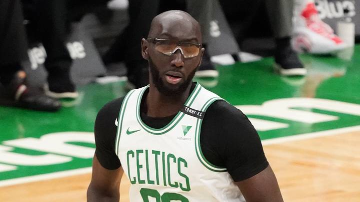 Jan 8, 2021; Boston, Massachusetts, USA; Boston Celtics center Tacko Fall (99) returns up court against the Washington Wizards in the third quarter at TD Garden. Mandatory Credit: David Butler II-USA TODAY Sports Jan 8, 2021; Boston, Massachusetts, USA; Boston Celtics center Tacko Fall (99) returns up court against the Washington Wizards in the third quarter at TD Garden. Mandatory Credit: David Butler II-USA TODAY Sports