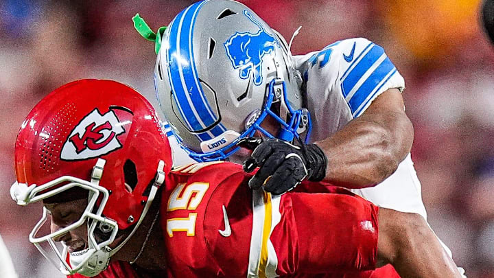 Detroit Lions safety Brian Branch (32) sacks Kansas City Chiefs quarterback Patrick Mahomes (15) during the second half at Arrowhead Stadium in Kansas City, Missouri on Sunday, Oct. 12, 2025. Detroit Lions safety Brian Branch (32) sacks Kansas City Chiefs quarterback Patrick Mahomes (15) during the second half at Arrowhead Stadium in Kansas City, Missouri on Sunday, Oct. 12, 2025.