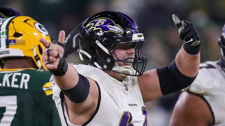 Baltimore Ravens center Tyler Linderbaum (64) reacts after a defensive penalty against the Green Bay Packers gives the Ravens a first down on Saturday, December 27, 2025, at Lambeau Field in Green Bay, Wis. The Ravens won the game, 41-24.
Tork Mason/USA TODAY NETWORK-Wisconsin Baltimore Ravens center Tyler Linderbaum (64) reacts after a defensive penalty against the Green Bay Packers gives the Ravens a first down on Saturday, December 27, 2025, at Lambeau Field in Green Bay, Wis. The Ravens won the game, 41-24.
Tork Mason/USA TODAY NETWORK-Wisconsin