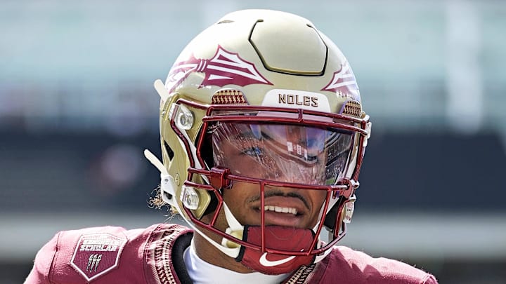 Sep 6, 2025; Tallahassee, Florida, USA; Florida State Seminoles quarterback Tommy Castellanos (1) before the game against the East Texas A&M Lions at Doak S. Campbell Stadium. Mandatory Credit: Melina Myers-Imagn Images