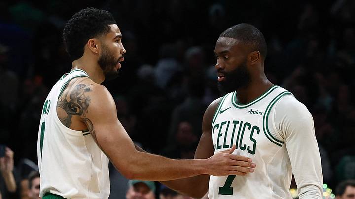 Mar 25, 2026; Boston, Massachusetts, USA; Boston Celtics guard Jaylen Brown (7) and forward Jayson Tatum (0) congratulate each other in the final seconds of the fourth quarter of their win over the Oklahoma City Thunder at TD Garden. Mandatory Credit: Winslow Townson-Imagn Images