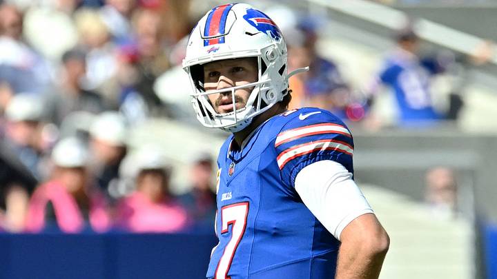 Buffalo Bills quarterback Josh Allen looks on during the first quarter against the New England Patriots. Buffalo Bills quarterback Josh Allen looks on during the first quarter against the New England Patriots.