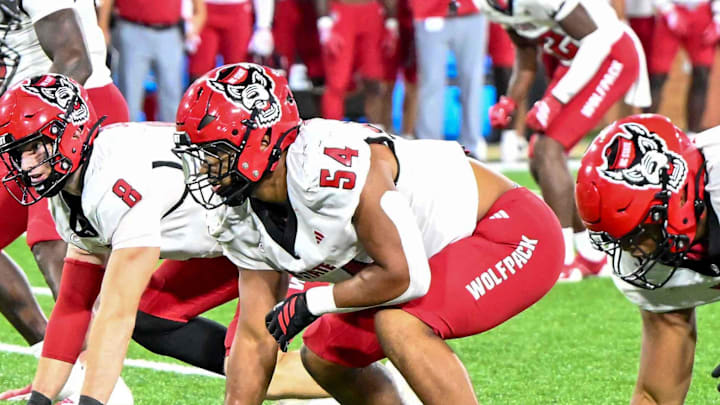 Sep 11, 2025; Winston-Salem, North Carolina, USA; North Carolina State Wolfpack defensive end Sabastian Harsh (54) lines up against Wake Forest Demon Deacons at Allegacy Federal Credit Union Stadium. Mandatory Credit: Luke Jamroz-Imagn Images Sep 11, 2025; Winston-Salem, North Carolina, USA; North Carolina State Wolfpack defensive end Sabastian Harsh (54) lines up against Wake Forest Demon Deacons at Allegacy Federal Credit Union Stadium. Mandatory Credit: Luke Jamroz-Imagn Images