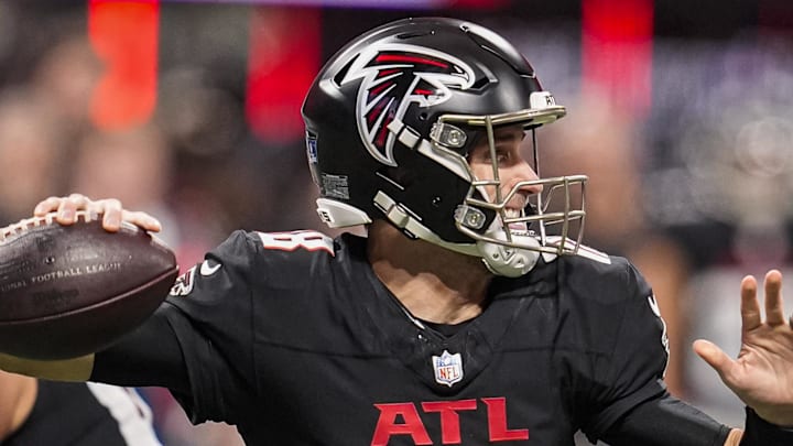 Jan 4, 2026; Atlanta, Georgia, USA; Atlanta Falcons quarterback Kirk Cousins (18) passes the ball against the New Orleans Saints during the second half at Mercedes-Benz Stadium. Mandatory Credit: Dale Zanine-Imagn Images