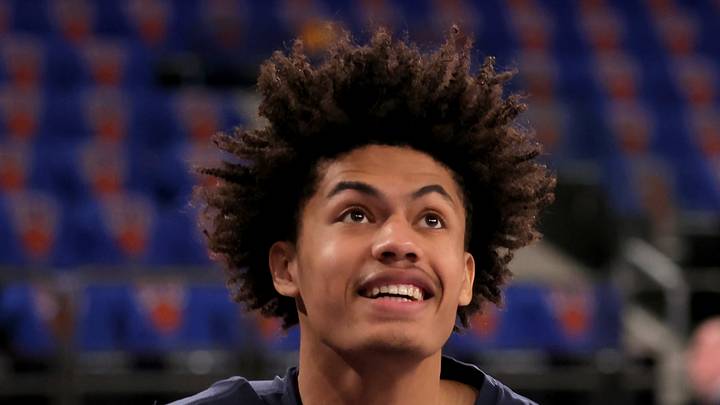 Nov 5, 2025; New York, New York, USA; Minnesota Timberwolves forward Joan Beringer (19) warms up before a game against the New York Knicks at Madison Square Garden. Mandatory Credit: Brad Penner-Imagn Images
