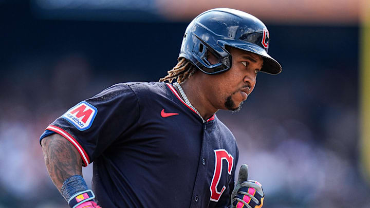 Cleveland Guardians third base José Ramírez (11) runs past third base after batting a 2-run home run against Detroit Tigers during the seventh inning at Comerica Park in Detroit on Thursday, Sept. 18, 2025.
