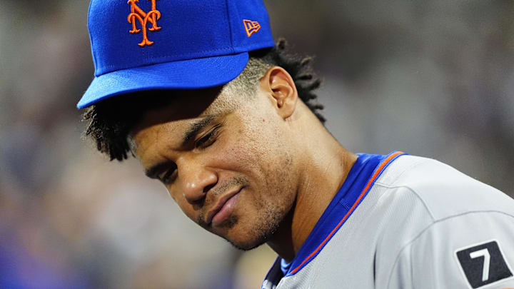 Jun 7, 2025; Denver, Colorado, USA; New York Mets right tielder Juan Soto (22) reacts in the seventh inning against the Colorado Rockies at Coors Field. Mandatory Credit: Ron Chenoy-Imagn Images Jun 7, 2025; Denver, Colorado, USA; New York Mets right tielder Juan Soto (22) reacts in the seventh inning against the Colorado Rockies at Coors Field. Mandatory Credit: Ron Chenoy-Imagn Images