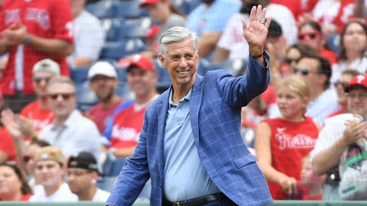 Aug 18, 2024; Philadelphia, Pennsylvania, USA; Former Philadelphia Phillies president Dave Dombrowski during Phillies Alumni Weekend and the 20th anniversary of Citizens Bank Park before game against the Washington Nationals at Citizens Bank Park. 
