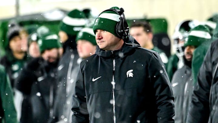 Michigan State's head coach Jonathan Smith looks on from the sideline during the third quarter in the game against Rutgers on Saturday, Nov. 30, 2024, at Spartan Stadium in East Lansing.