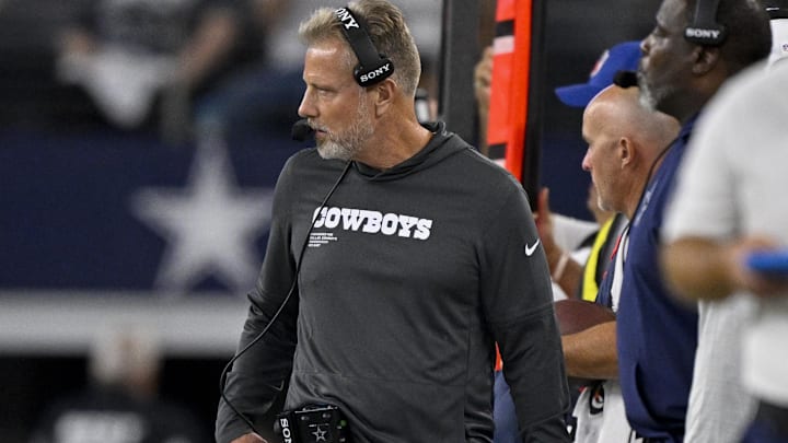 Dallas Cowboys defensive coordinator Matt Eberflus looks on during the game between the Cowboys and the Baltimore Ravens.