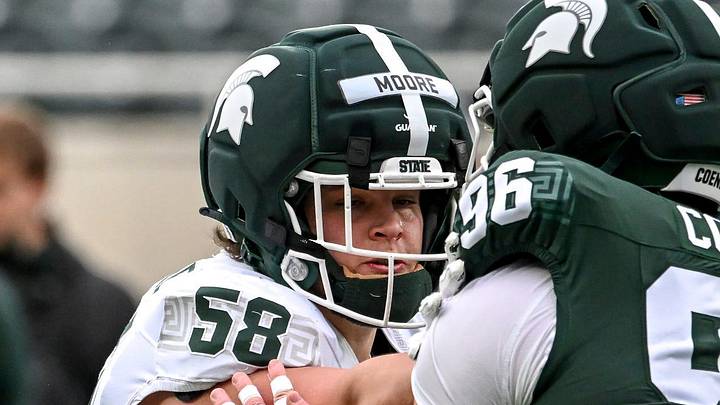 Michigan State's Conner Moore, left, blocks Eli Coenen during the football Spring Showcase on Saturday, April 18, 2026, at Spartan Stadium in East Lansing. Michigan State's Conner Moore, left, blocks Eli Coenen during the football Spring Showcase on Saturday, April 18, 2026, at Spartan Stadium in East Lansing.