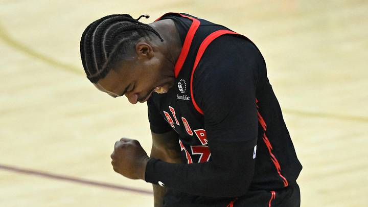 Apr 29, 2026; Cleveland, Ohio, USA; Toronto Raptors guard Jamal Shead (23) celebrates his three-point basket against the Cleveland Cavaliers in the third quarter of game five of the first round of the 2026 NBA Playoffs at Rocket Arena. Mandatory Credit: David Richard-Imagn Images Apr 29, 2026; Cleveland, Ohio, USA; Toronto Raptors guard Jamal Shead (23) celebrates his three-point basket against the Cleveland Cavaliers in the third quarter of game five of the first round of the 2026 NBA Playoffs at Rocket Arena. Mandatory Credit: David Richard-Imagn Images