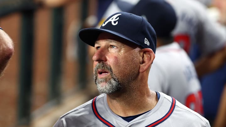 Jul 9, 2024; Phoenix, Arizona, USA; Atlanta Braves bench coach Walt Weiss against the Arizona Diamondbacks at Chase Field. Mandatory Credit: Mark J. Rebilas-Imagn Images