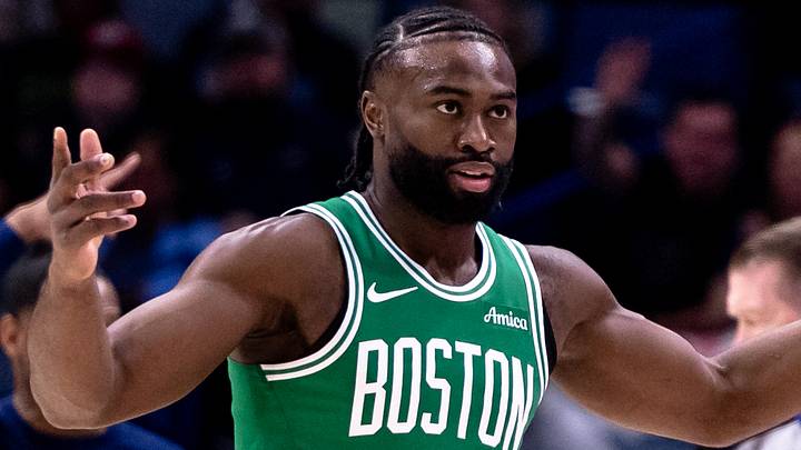 Jan 31, 2025; New Orleans, Louisiana, USA;  Boston Celtics guard Jaylen Brown (7) reacts to a play against the New Orleans Pelicans during the first half at Smoothie King Center. Mandatory Credit: Stephen Lew-Imagn Images