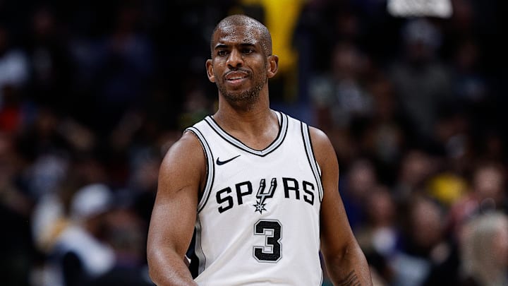 Apr 2, 2025; Denver, Colorado, USA; San Antonio Spurs guard Chris Paul (3) in the first quarter against the Denver Nuggets at Ball Arena. Mandatory Credit: Isaiah J. Downing-Imagn Images