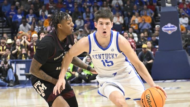 Mar 15, 2024; Nashville, TN, USA; Kentucky Wildcats guard Reed Sheppard (15) drives down the lane against the Texas A&M Aggies during the second half at Bridgestone Arena. Mandatory Credit: Steve Roberts-USA TODAY Sports