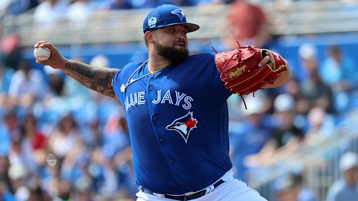 Mar 13, 2023; Dunedin, Florida, USA; Toronto Blue Jays starting pitcher Alek Manoah (6) throws a