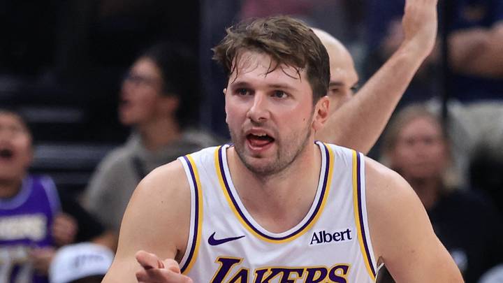 Oct 25, 2026; Salt Lake City, Utah, USA;  Los Angeles Lakers guard Luka Doncic (77) reacts after making a shot against the Utah Jazz during the second half at Delta Center.  Mandatory Credit: Rob Gray-Imagn Images