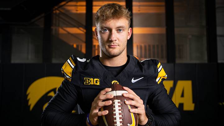 Iowa defensive back Zach Lutmer (6) stands for a portrait during Hawkeye football media day, Friday, Aug. 14, 2026, in Iowa City.