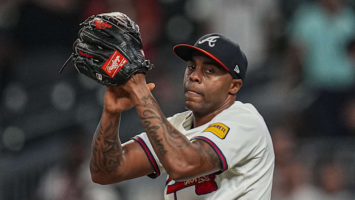 Sep 23, 2025; Cumberland, Georgia, USA; Atlanta Braves relief pitcher Raisel Iglesias (26) reacts after the Braves defeated the Washington Nationals at Truist Park. Mandatory Credit: Dale Zanine-Imagn Images Sep 23, 2025; Cumberland, Georgia, USA; Atlanta Braves relief pitcher Raisel Iglesias (26) reacts after the Braves defeated the Washington Nationals at Truist Park. Mandatory Credit: Dale Zanine-Imagn Images