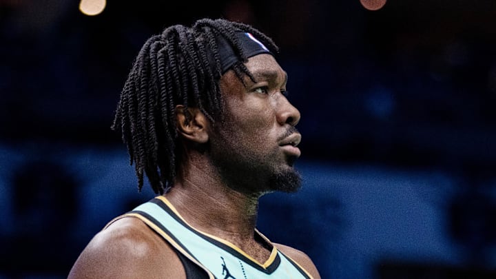 Jan 24, 2025; Charlotte, North Carolina, USA; Charlotte Hornets center Mark Williams (5) reacts after a foul against the Portland Trail Blazers during the third quarter at Spectrum Center. Mandatory Credit: Scott Kinser-Imagn Images