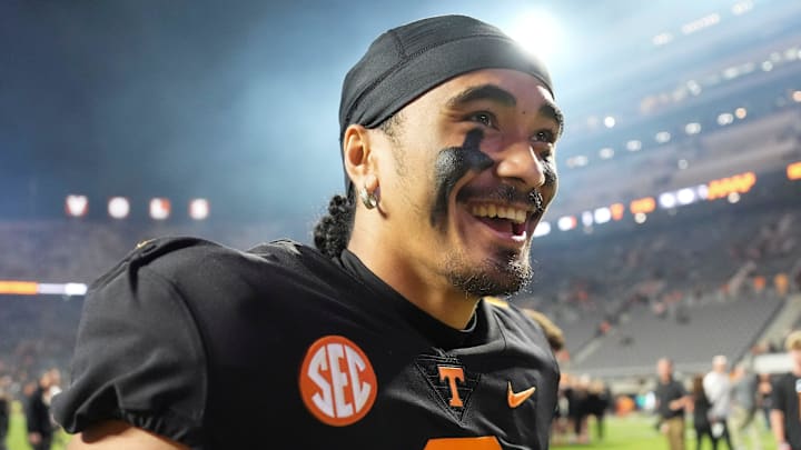 Tennessee quarterback Nico Iamaleava (8) walks off the field after the win over Kentucky after an NCAA college football game on Saturday, Nov. 2, 2024, in Knoxville, Tenn.