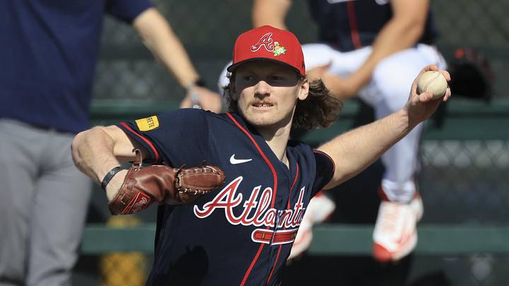 Feb 10, 2026; North Port, FL, USA;  Atlanta Braves pitcher Hayden Harris (79) works out during spring training workouts. Mandatory Credit: Kim Klement Neitzel-Imagn Images