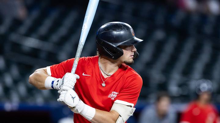 Jun 17, 2025; Phoenix, AZ, USA; Lincoln-Way West High School (IL) outfielder Conor Essenburg during the MLB Draft Combine high school baseball game at Chase Field. Mandatory Credit: Mark J. Rebilas-Imagn Images