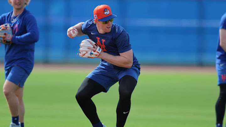 Feb 12, 2025; Port St. Lucie, FL, USA; New York Mets third base Brett Baty (7) works during a Spring Training workout at Clover Park. Mandatory Credit: Sam Navarro-Imagn Images