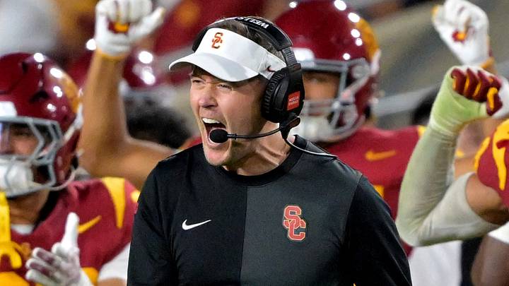 Oct 11, 2025; Los Angeles, California, USA;  USC Trojans head coach Lincoln Riley celebrates after kicker Ryon Sayeri (48) hit a 54-yard field goal in the second half against the Michigan Wolverines at United Airlines Field at the Los Angeles Memorial Coliseum. Mandatory Credit: Jayne Kamin-Oncea-Imagn Images
