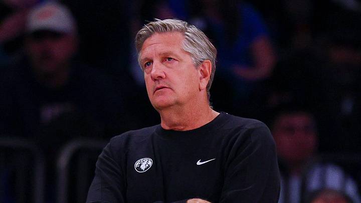 Oct 12, 2026; New York, New York, USA;  Minnesota Timberwolves head coach Chris Finch  reacts during the first half against the New York Knicks at Madison Square Garden.  Mandatory Credit: Vincent Carchietta-Imagn Images