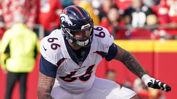 Jan 1, 2023; Kansas City, Missouri, USA; Denver Broncos guard Dalton Risner (66) on field against the Kansas City Chiefs during a game at GEHA Field at Arrowhead Stadium. Mandatory Credit: Denny Medley-Imagn Images Jan 1, 2023; Kansas City, Missouri, USA; Denver Broncos guard Dalton Risner (66) on field against the Kansas City Chiefs during a game at GEHA Field at Arrowhead Stadium. Mandatory Credit: Denny Medley-Imagn Images