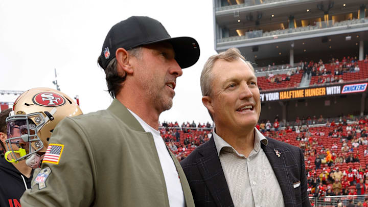 San Francisco 49ers head coach Kyle Shanahan (L) and general manager John Lynch (R)