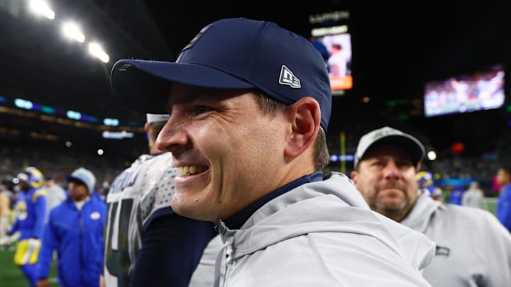 Dec 18, 2025; Seattle, Washington, USA; Seattle Seahawks head coach Mike MacDonald reacts after defeating the Los Angeles Rams in overtime at Lumen Field. Mandatory Credit: Kevin Ng-Imagn Images