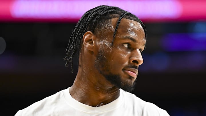 Oct 26, 2024; Los Angeles, California, USA; Los Angeles Lakers guard Bronny James (9) reacts during warm-ups against the Sacramento Kings at Crypto.com Arena. Mandatory Credit: Jonathan Hui-Imagn Images Oct 26, 2024; Los Angeles, California, USA; Los Angeles Lakers guard Bronny James (9) reacts during warm-ups against the Sacramento Kings at Crypto.com Arena. Mandatory Credit: Jonathan Hui-Imagn Images