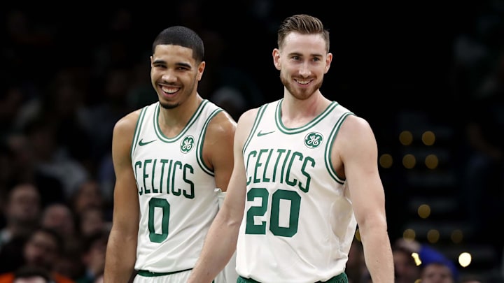 Dec 14, 2018; Boston, MA, USA; Boston Celtics forward Gordon Hayward (20) and forward Jayson Tatum (0) share a laugh during the second half of Boston's 129-108 win over the Atlanta Hawks at TD Garden. Mandatory Credit: Winslow Townson-Imagn Images