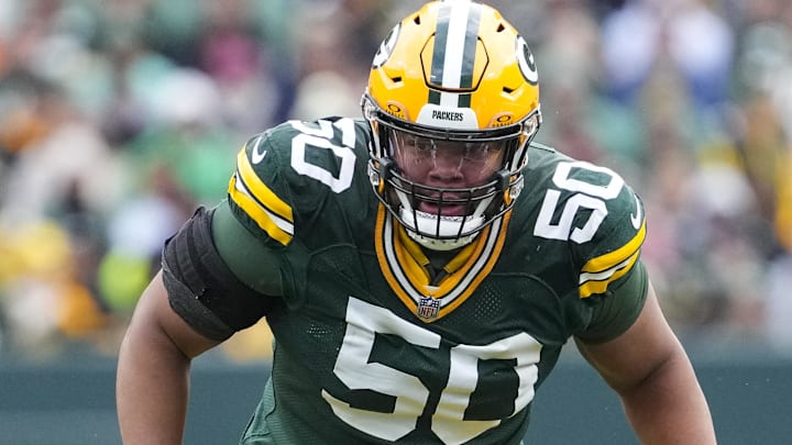 Green Bay Packers offensive lineman Zach Tom (50) during the game against the Arizona Cardinals at Lambeau Field.