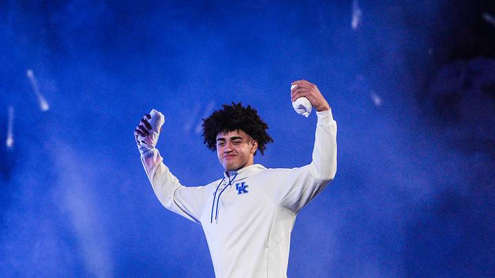Kentucky Wildcats center Malachi Moreno (24) pumps up the crowd during his introduction at the 2025 Big Blue Madness at Rupp Arena in Lexington, Kentucky Saturday, Oct. 11, 2025. Kentucky Wildcats center Malachi Moreno (24) pumps up the crowd during his introduction at the 2025 Big Blue Madness at Rupp Arena in Lexington, Kentucky Saturday, Oct. 11, 2025.