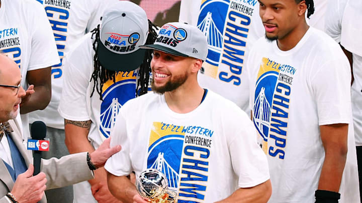 May 26, 2022; San Francisco, California, USA; TNT commentator Ernie Johnson Jr. interviews Golden