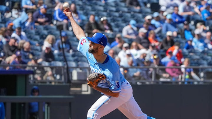 Apr 11, 2024; Kansas City, Missouri, USA; Kansas City Royals pitcher Nick Anderson (63) delivers a pitch against the Houston Astros in the sixth inning at Kauffman Stadium. Mandatory Credit: Denny Medley-Imagn Images