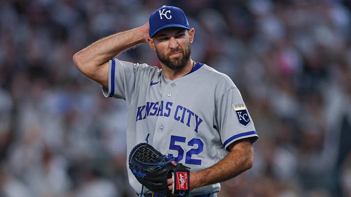 Apr 17, 2026; Bronx, New York, USA; Kansas City Royals pitcher Michael Wacha (52) reacts after allowing a two run home run to New York Yankees left fielder Cody Bellinger (not pictured) during the fourth inning at Yankee Stadium. Mandatory Credit: Vincent Carchietta-Imagn Images