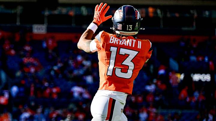 DENVER, CO - NOVEMBER 16: Denver Broncos wide receiver Pat Bryant (13) warms up before a game between the Kansas City Chiefs and the Denver Broncos at Empower Field at Mile High on November 16, 2025 in Denver, Colorado. DENVER, CO - NOVEMBER 16: Denver Broncos wide receiver Pat Bryant (13) warms up before a game between the Kansas City Chiefs and the Denver Broncos at Empower Field at Mile High on November 16, 2025 in Denver, Colorado.