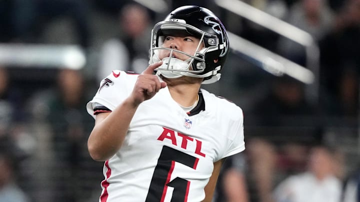 Atlanta Falcons place kicker Younghoe Koo (6) kicks a field goal as Atlanta Falcons punter Bradley Pinion (13) holds during a game against the Las Vegas Raiders in the second half at Allegiant Stadium. Mandatory Credit: Kirby Lee-Imagn Images