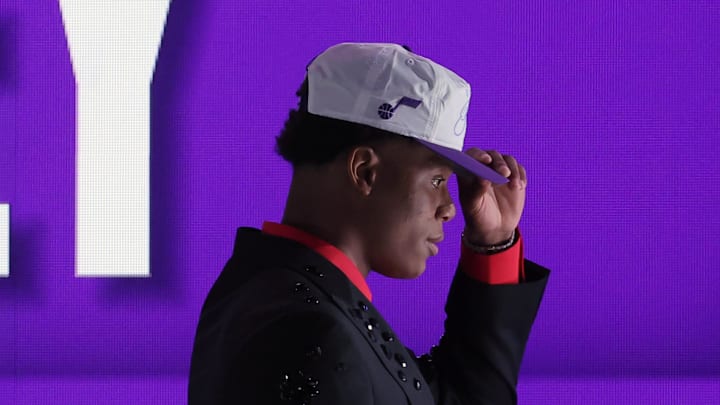 Jun 25, 2025; Brooklyn, NY, USA;  Ace Bailey looks on after being selected as the fifth pick by the Utah in the first round of the 2025 NBA Draft at Barclays Center. Mandatory Credit: Brad Penner-Imagn Images