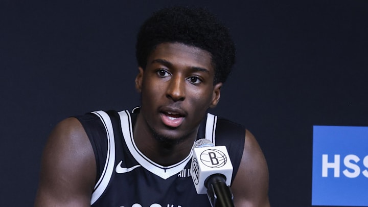 Sep 23, 2025; Brooklyn, NY, USA;  Brooklyn Nets guard Drake Powell (4) speaks at Media Day. Mandatory Credit: Wendell Cruz-Imagn Images