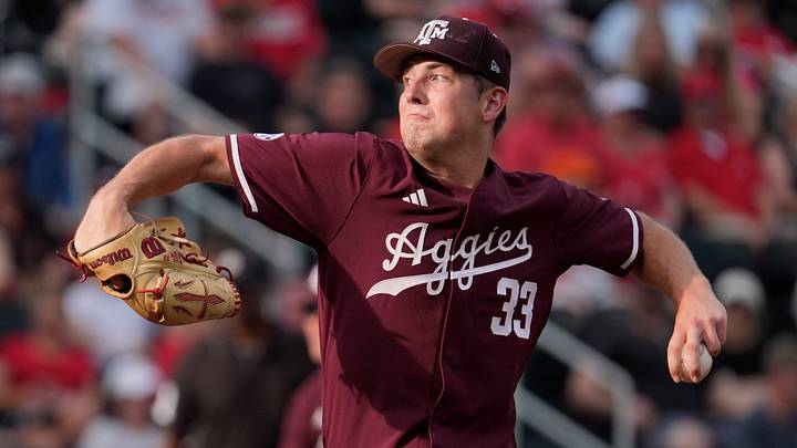Texas A&M pitcher Justin Lamkin (33) throws the ball during a NCAA baseball game against Texas A&M in Athens, Ga., on Friday, May 16, 2025.