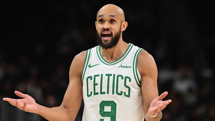 Dec 11, 2025; Milwaukee, Wisconsin, USA;  Boston Celtics guard Derrick White (9) reacts in the third quarter against the Milwaukee Bucks at Fiserv Forum. Mandatory Credit: Benny Sieu-Imagn Images