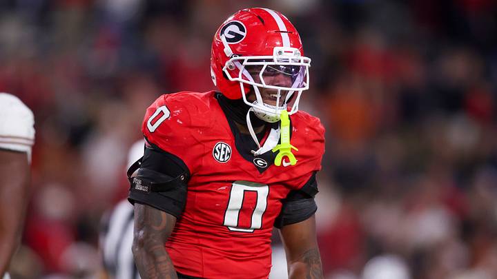 Nov 15, 2025; Athens, Georgia, USA; Georgia Bulldogs linebacker Gabe Harris Jr. (0) celebrates during the second half against the Texas Longhorns at Sanford Stadium. Mandatory Credit: Brett Davis-Imagn Images